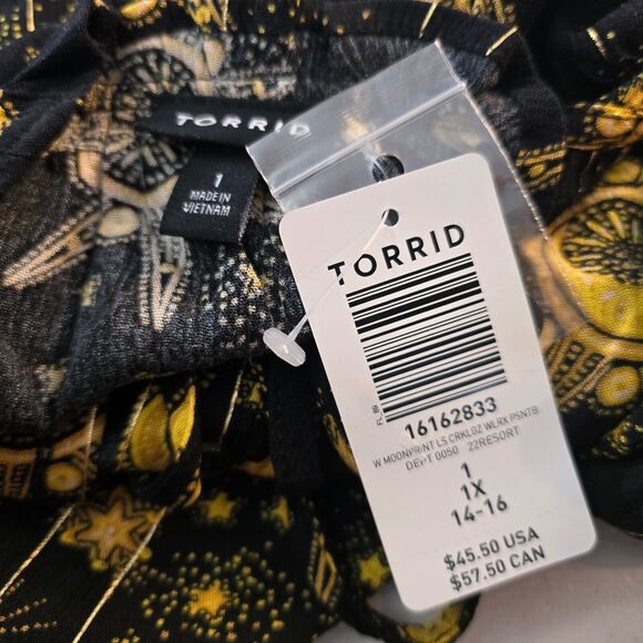Torrid Blouse Women's 1X Black Gold Moon Print Long Sleeve Tie Mock Neck NWT - Picture 3 of 16